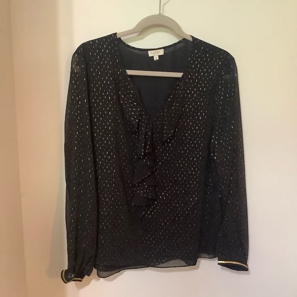 Laura Tops - LAURA:  Black & Gold Sheer Blouse with Ruffle Detail (NWOT)
